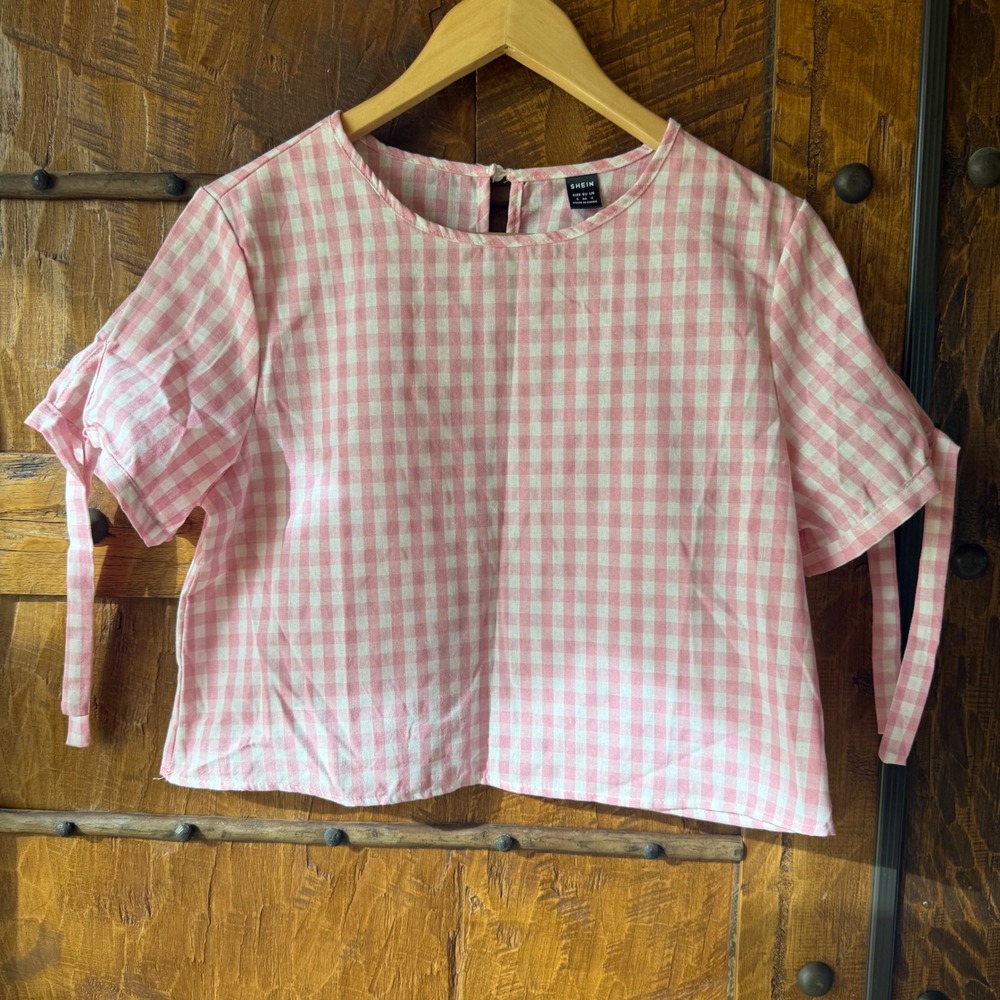 SHEIN Gingham Blouse Women S Pink Short Sleeve Tie Preppy Cottagecore Coquette